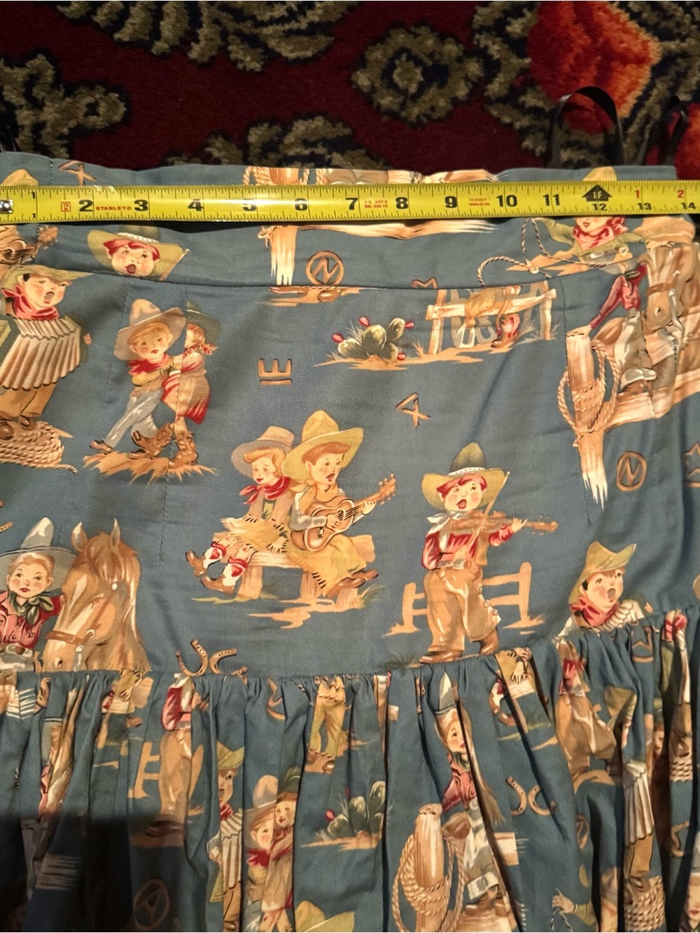 Vintage-Inspired Baby Cowboy Print Tiered Midi Skirt in Turquoise Blue 6 - Picture 6 of 7